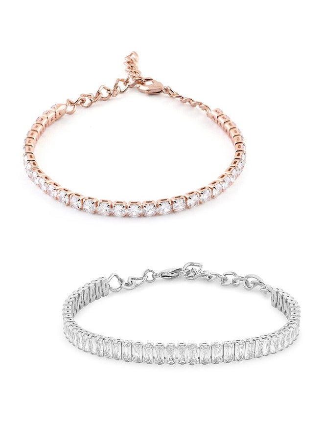 Zaveri Pearls مجموعة من سوارين من زافيري بيرلز، باللونين الذهبي الوردي والفضي، مرصعين بالزركونيا المكعبة، بتصميم عصري مناسب للتنس للنساء - ZPFK21607 - Image 1
