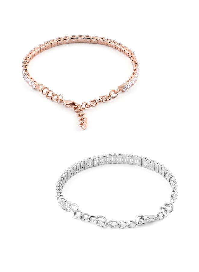 Zaveri Pearls مجموعة من سوارين من زافيري بيرلز، باللونين الذهبي الوردي والفضي، مرصعين بالزركونيا المكعبة، بتصميم عصري مناسب للتنس للنساء - ZPFK21607 - Image 5