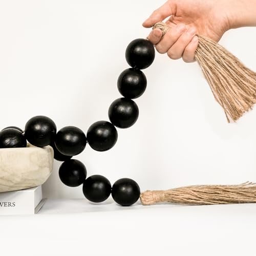 RUIRUICO Extra Large Wood Bead Garland with 1.6" Diameter Wood Beads, Wooden Beads Garland with Tassels, Decorative Beads Home Decor, Farmhouse Beads Decor (Black, 41 Inches) - Image 1