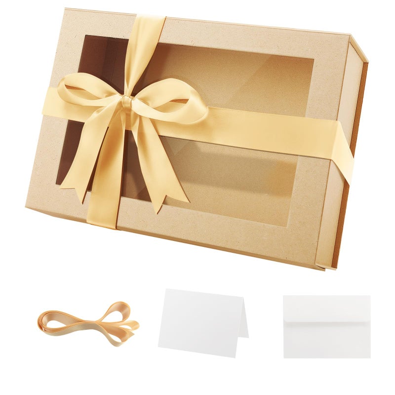 PACKQUEEN Large Kraft Gift Box with Window, 13.5x9x4.1 Inches Clear Gift Box for Present Contains Ribbon, Card, Groomsman Proposal Box with Magnetic Lid - Image 1