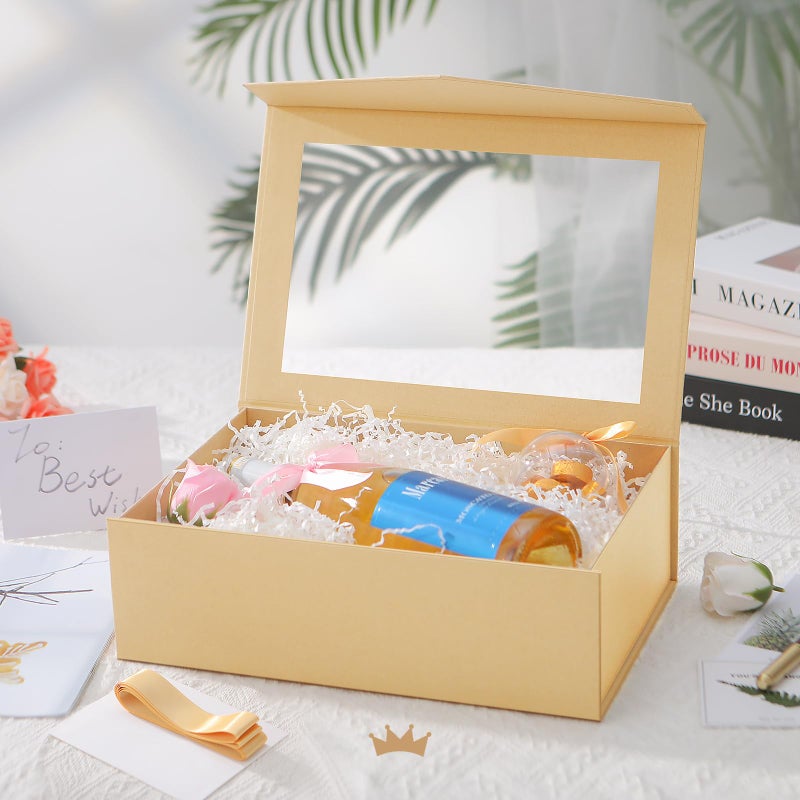 PACKQUEEN Large Kraft Gift Box with Window, 13.5x9x4.1 Inches Clear Gift Box for Present Contains Ribbon, Card, Groomsman Proposal Box with Magnetic Lid - Image 2