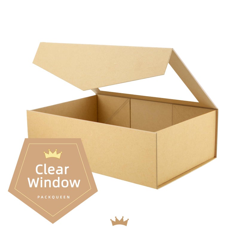 PACKQUEEN Large Kraft Gift Box with Window, 13.5x9x4.1 Inches Clear Gift Box for Present Contains Ribbon, Card, Groomsman Proposal Box with Magnetic Lid - Image 3
