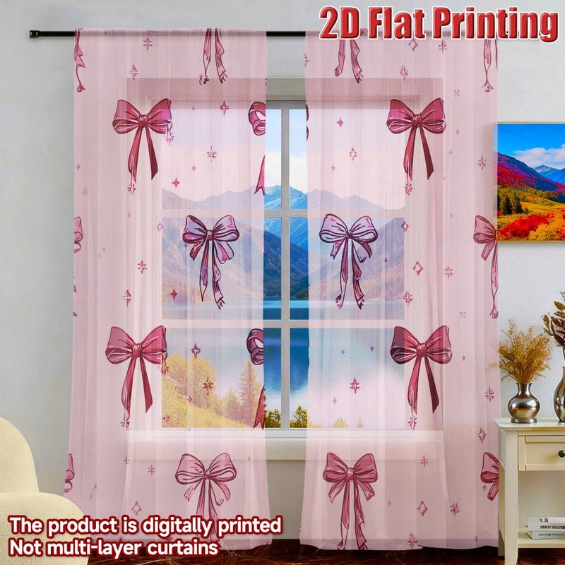 2D Flat Gauze Curtain 2pcs Pink Bows And Stars Pattern Semi Sheer Tulle Decor For Living Room Bedroom Easy To Hang 51.9 By 63.0 Inches - Image 1