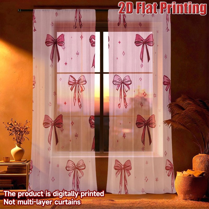 2D Flat Gauze Curtain 2pcs Pink Bows And Stars Pattern Semi Sheer Tulle Decor For Living Room Bedroom Easy To Hang 51.9 By 63.0 Inches - Image 4