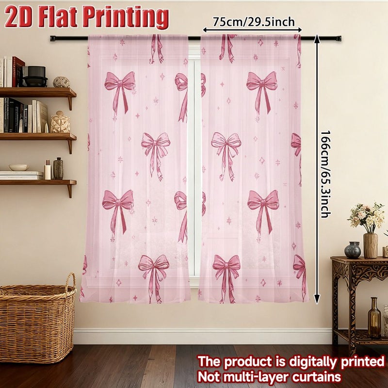 2D Flat Gauze Curtain 2pcs Pink Bows And Stars Pattern Semi Sheer Tulle Decor For Living Room Bedroom Easy To Hang 51.9 By 63.0 Inches - Image 3