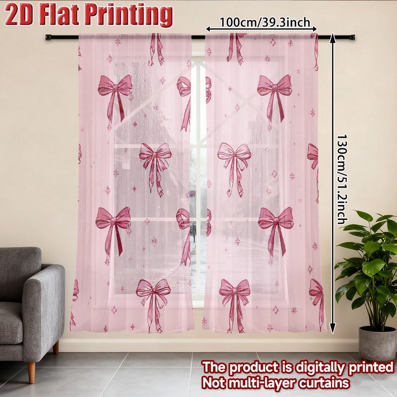 2D Flat Gauze Curtain 2pcs Pink Bows And Stars Pattern Semi Sheer Tulle Decor For Living Room Bedroom Easy To Hang 51.9 By 63.0 Inches - Image 5