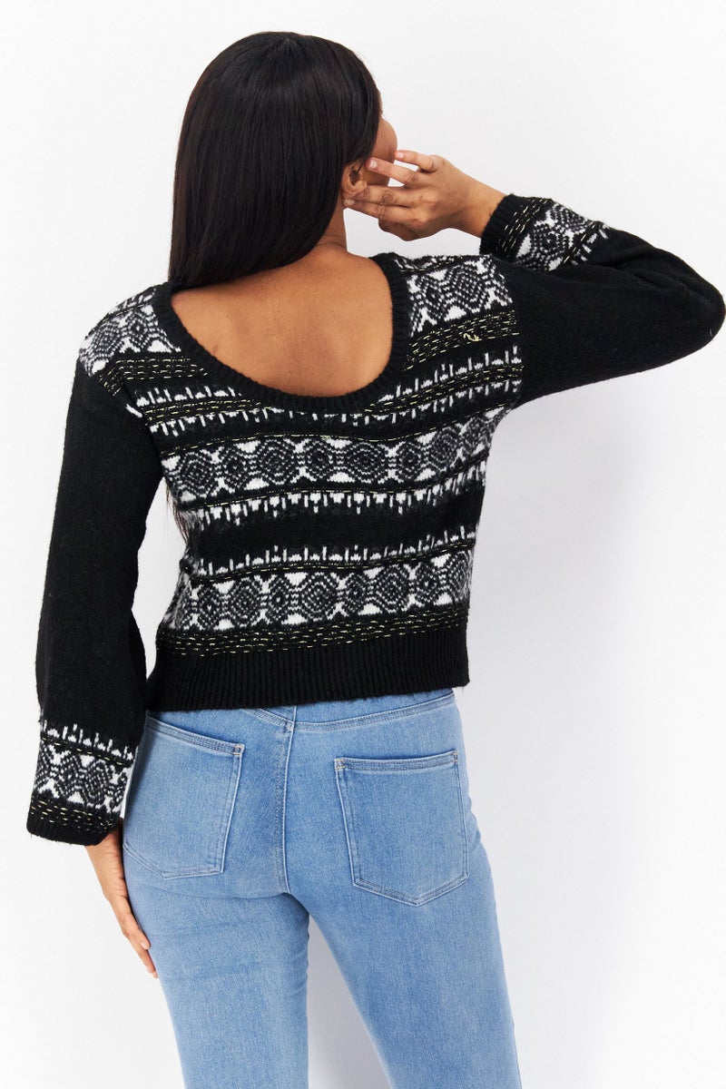 Sam Edelman Women Boat Neck Long Sleeve Allover Print Sweater, Black Combo - Image 3