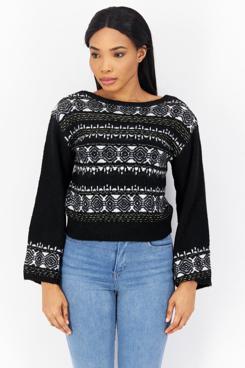 Sam Edelman Women Boat Neck Long Sleeve Allover Print Sweater, Black Combo - Image 1