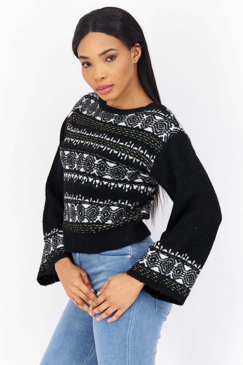 Sam Edelman Women Boat Neck Long Sleeve Allover Print Sweater, Black Combo - Image 2