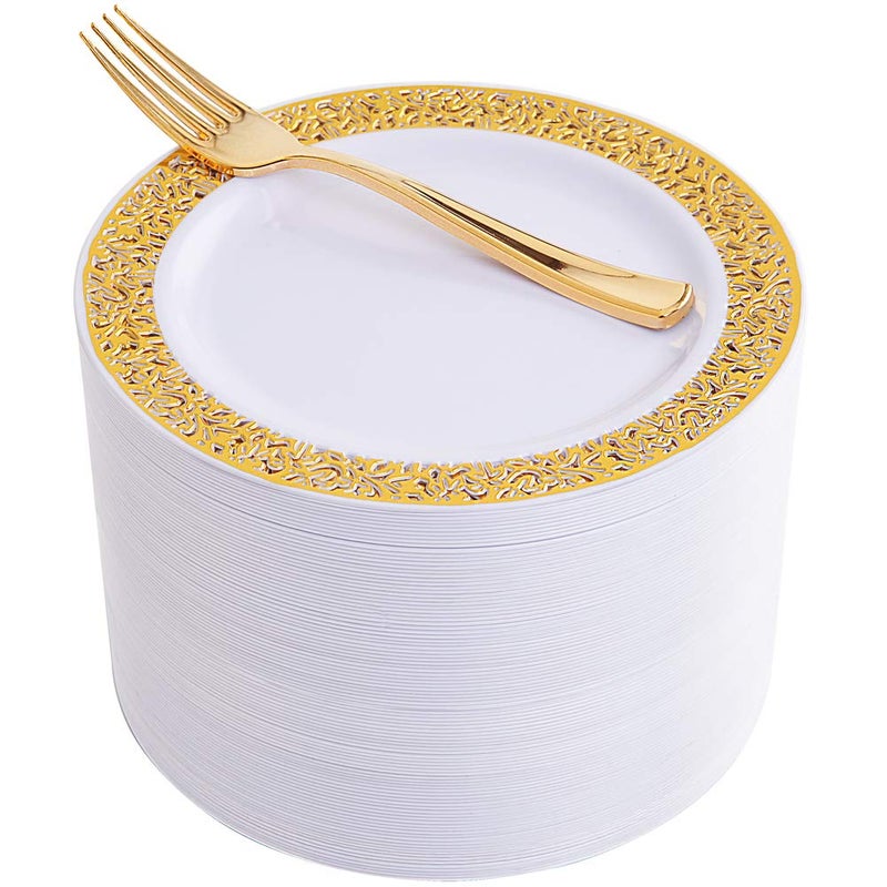 WDF 100pcs Gold Dessert Plates 75 with 100 Pieces Disposable Forks 74 Lace Design Fancy Appetizer Small Salad and Cake Plates for PartyWeedingFathers Day