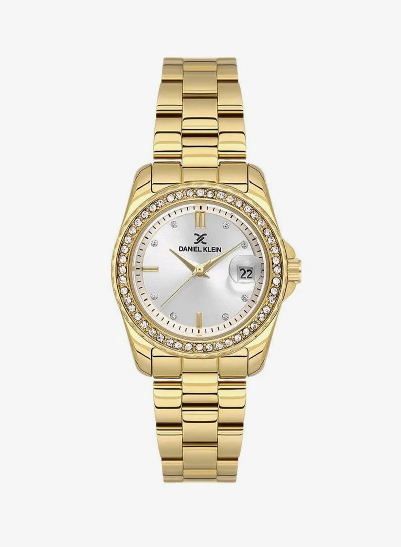 Daniel Klein Women's Stainless Steel Gold Alloy Case Analog Silver Round Sunray Dial Japanese Quartz Premium 30 Meters Water Resistant