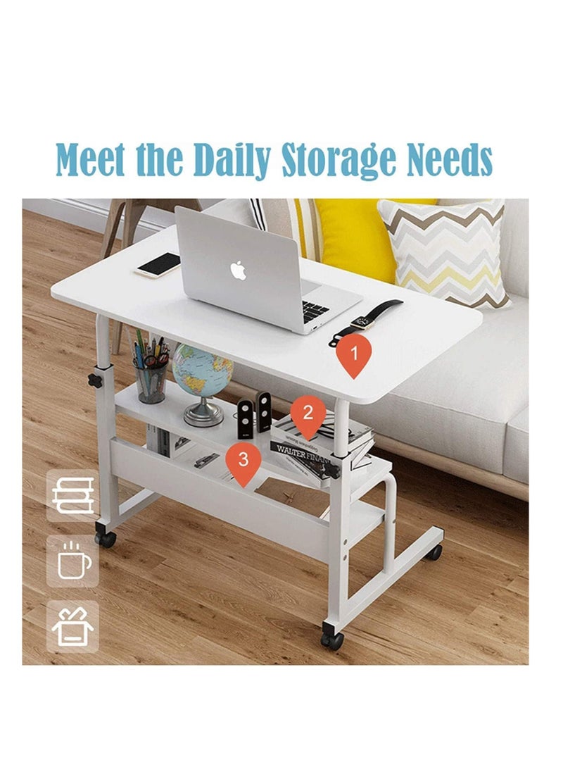 CityRiya-Long - Bedside Table Mobile End Table Snack Side Table Overbed Table Height Adjustable Bedside Table Laptop Rolling Cart C Shaped TV Tray with Storage Shelves (SC11-Warm White) - Image 1