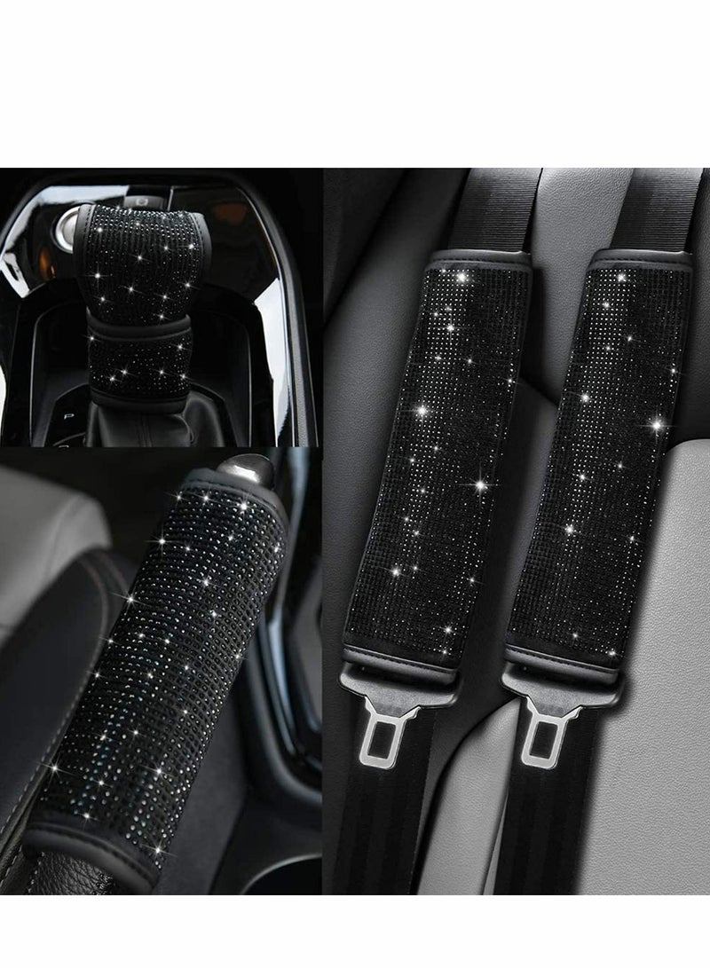 Excefore Shoulder Pads, Microfiber Leather Seat Belt Shoulder Pads Bling Rhinestones Car Bling Seat Belt, Covers for Women or Men, Crystal Handbrake Cover, Bling Ring Set 4 Pack Set Universal - Image 1