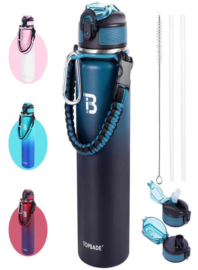 TOPBADE Stainless Steel Water Bottle Container 1000 ml (+ 2 Lids), Insulated Water Bottle with Straw, Leak-Proof Insulated Flask, Double-Walled with Chug Lid for School, Fitness, Outdoor (Blue Black) - Image 1