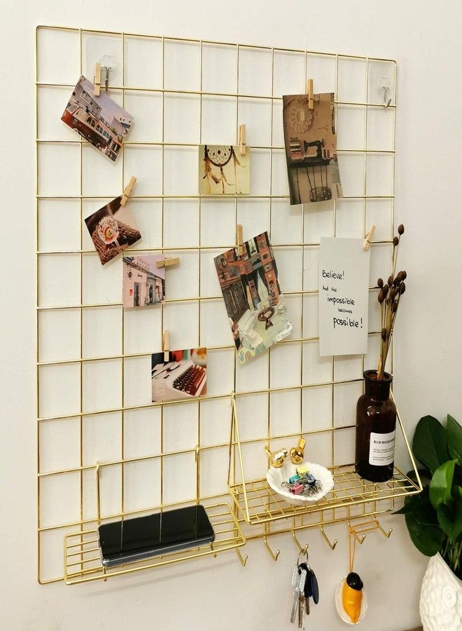 Franklite Steel Grid Photo Frame for Wall Clip Holder Photo Frame,Multi Functional Creative Mesh Wall GridIron hanging frame for home Decoration,wall,collage photo, key,1pcs Frame (30&30cm Gold) Metal Steel - Image 3