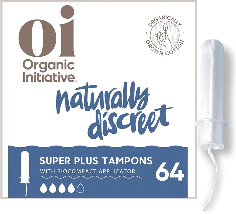 Oi Oi | Organic Initiative - Tampons | Super Plus Absorbency | Organic Cotton, Unscented | Toxin Free, BPA-Free, Plant-Based BioCompact Applicator | 4x16 Pack (64 Count) 