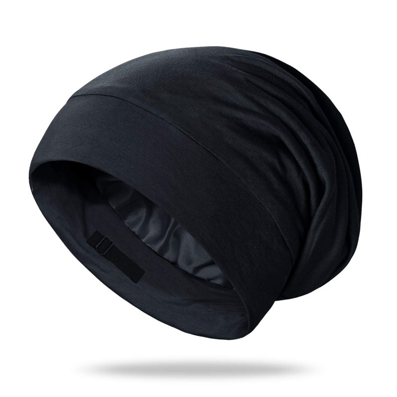 OLESILK Silk-Bonnet for Curly Hair, Silk Hair Bonnet for Sleeping, Unisex, Medium, Black - Image 1