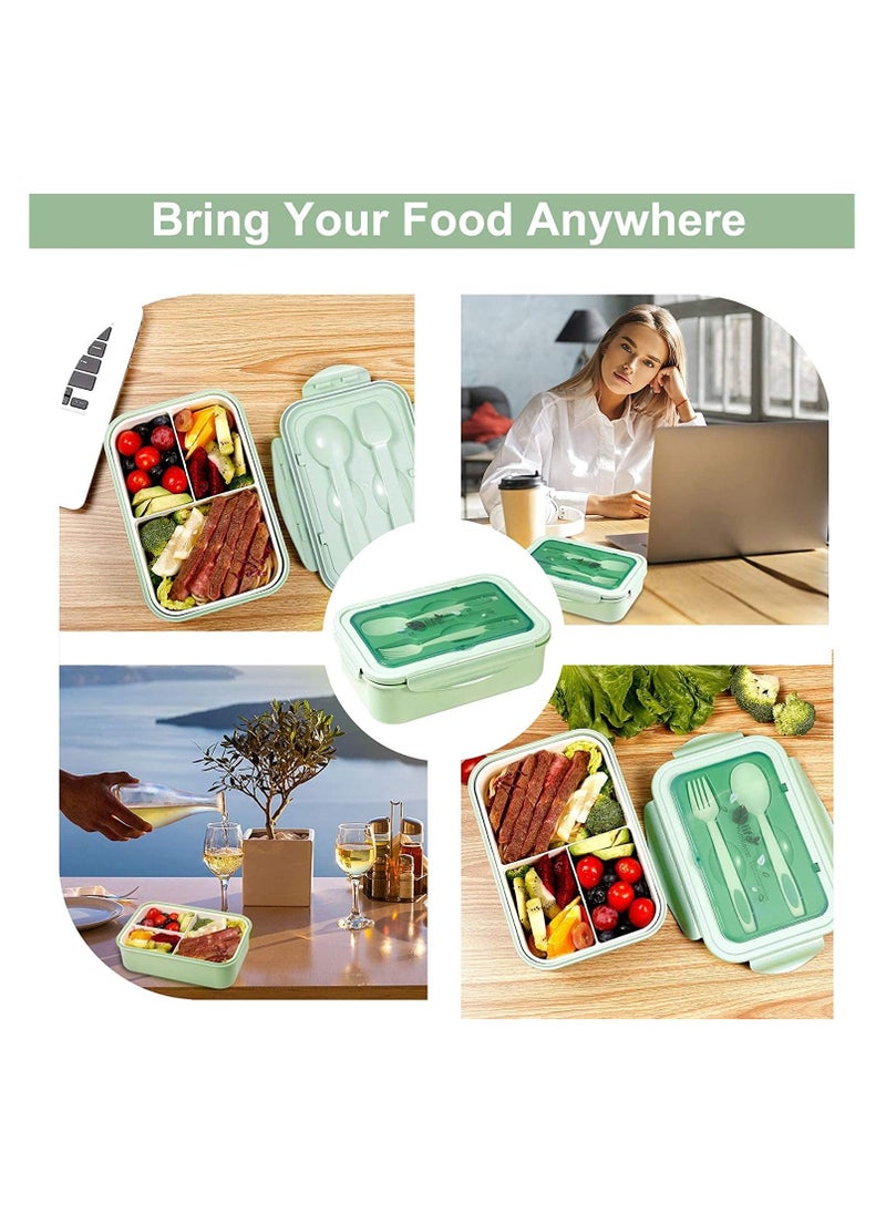 3 Compartments Bento Boxes,1400 ML Leak Proof Bento Lunch Box with Spoon Fork and BPA Free,Microwave and Dishwasher Safe（Green）