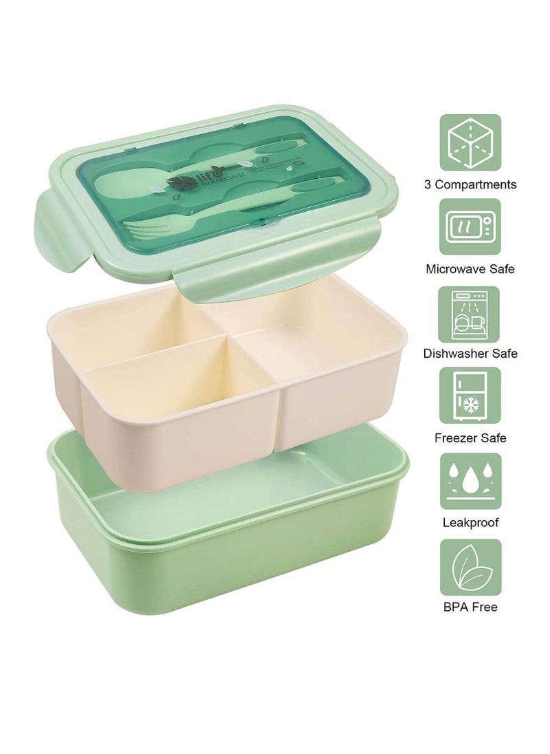 3 Compartments Bento Boxes,1400 ML Leak Proof Bento Lunch Box with Spoon Fork and BPA Free,Microwave and Dishwasher Safe（Green）