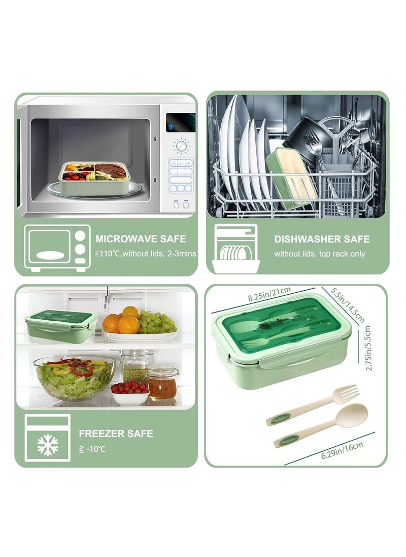3 Compartments Bento Boxes,1400 ML Leak Proof Bento Lunch Box with Spoon Fork and BPA Free,Microwave and Dishwasher Safe（Green）