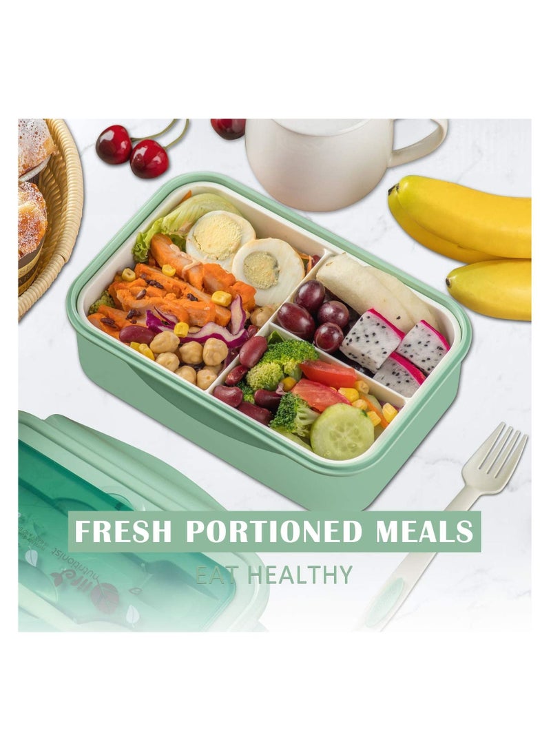 3 Compartments Bento Boxes,1400 ML Leak Proof Bento Lunch Box with Spoon Fork and BPA Free,Microwave and Dishwasher Safe（Green）