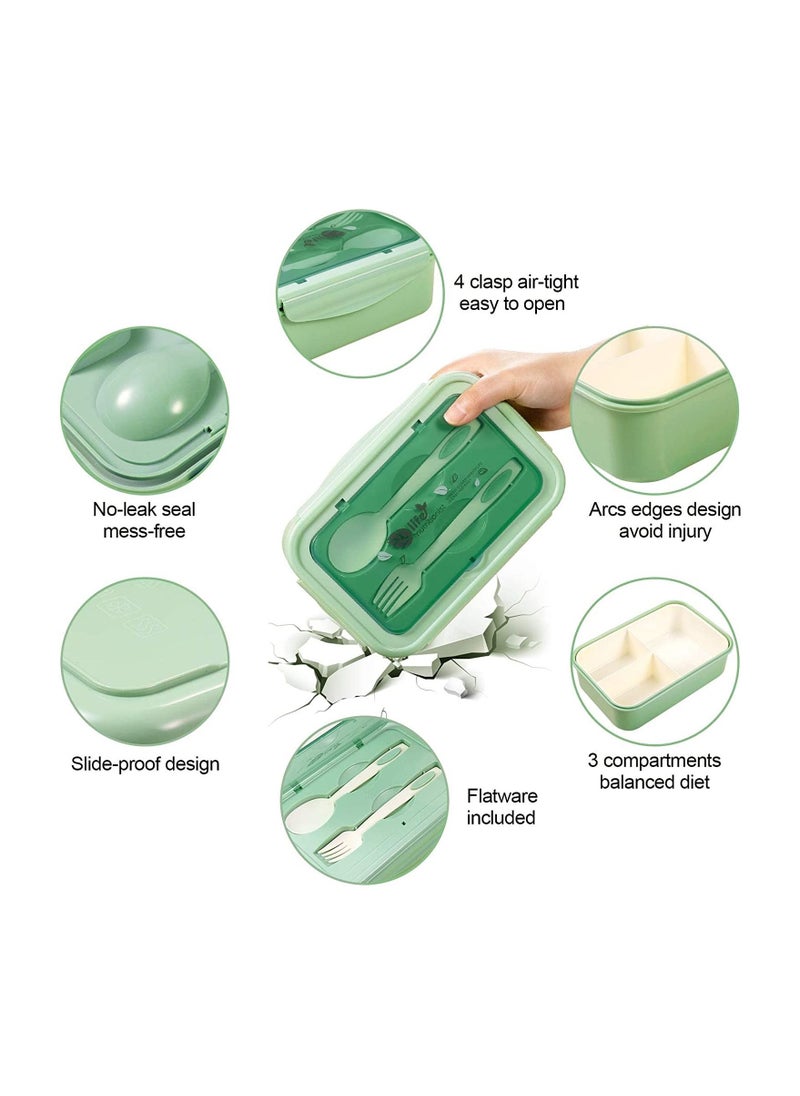 3 Compartments Bento Boxes,1400 ML Leak Proof Bento Lunch Box with Spoon Fork and BPA Free,Microwave and Dishwasher Safe（Green）