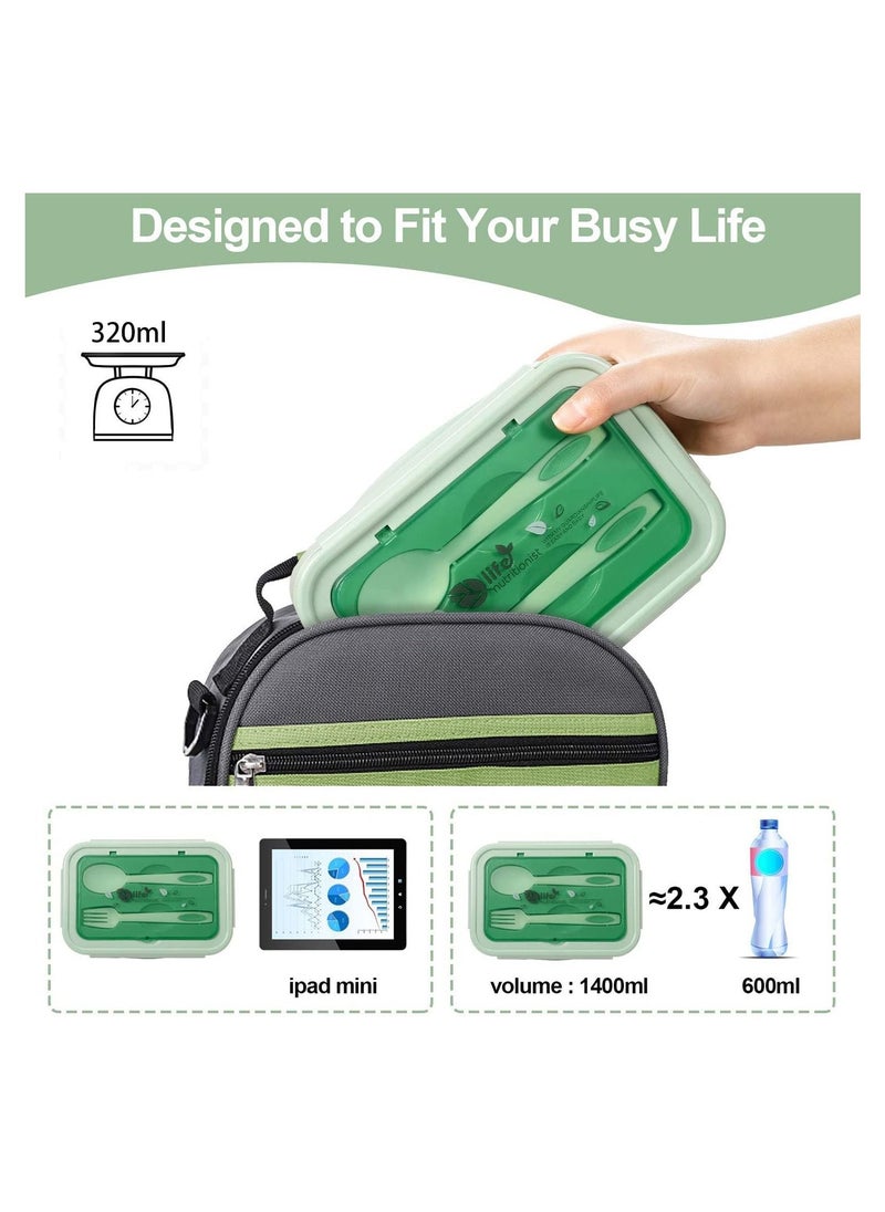 3 Compartments Bento Boxes,1400 ML Leak Proof Bento Lunch Box with Spoon Fork and BPA Free,Microwave and Dishwasher Safe（Green）