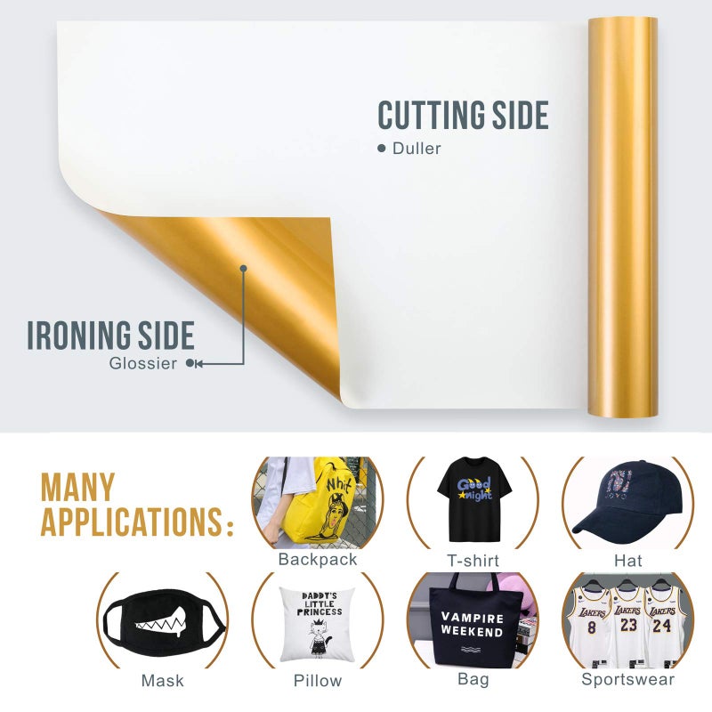 Sooez 12" x 12ft Heat Transfer Vinyl Rolls, PU (Strong Stretchy) HTV Vinyl Gold for Shirts, Sooez Iron on Vinyl for All Cutter Machine, Easy to Cut & Weed for DIY Heat Vinyl Design, Matte Finish - Image 2