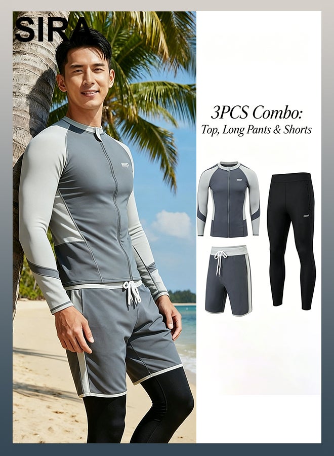SIRA Men’s 3 Piece Zipper Long Sleeve Swim Set Rash Guard + Double Layer Swim Trunks + Quick Dry Pants UPF Sun Protection - Image 1