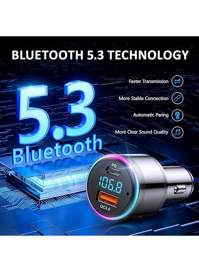 Lencent Car Fm Transmitter Bluetooth 5.3, Pd 30W & Qc3.0 18W Fast Car Charger, Wireless Bluetooth Car Adapter Music Player/Car Kit, Hi-Fi Sound & Hands-Free Calls, Supports Voice Assistant, All Metal - Image 5