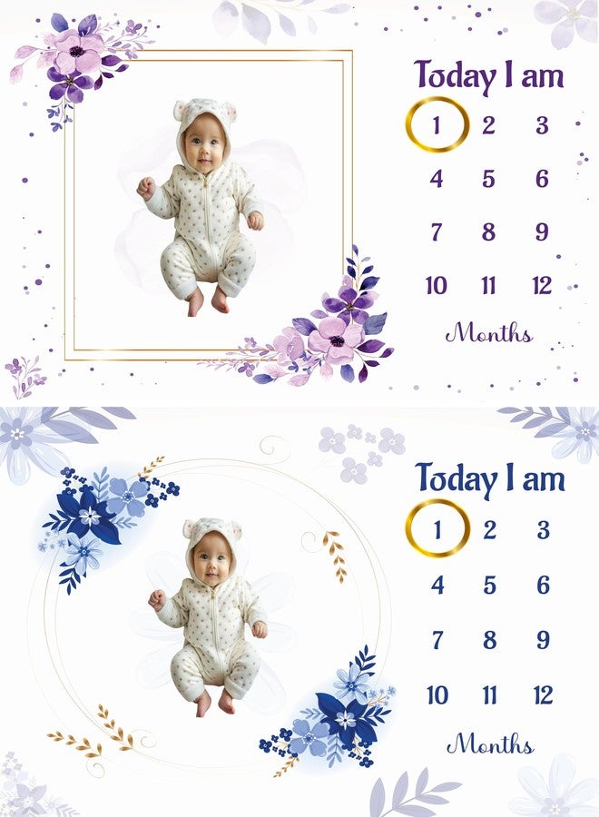 Hoolloomooloo Baby Milestone Blanket Pack of 2 | Blue & Purple Floral Design | Monthly Photoshoot Prop with 15 Cards & 1 Golden Ring per Blanket | 90x120 cm Soft Fleece - Image 1