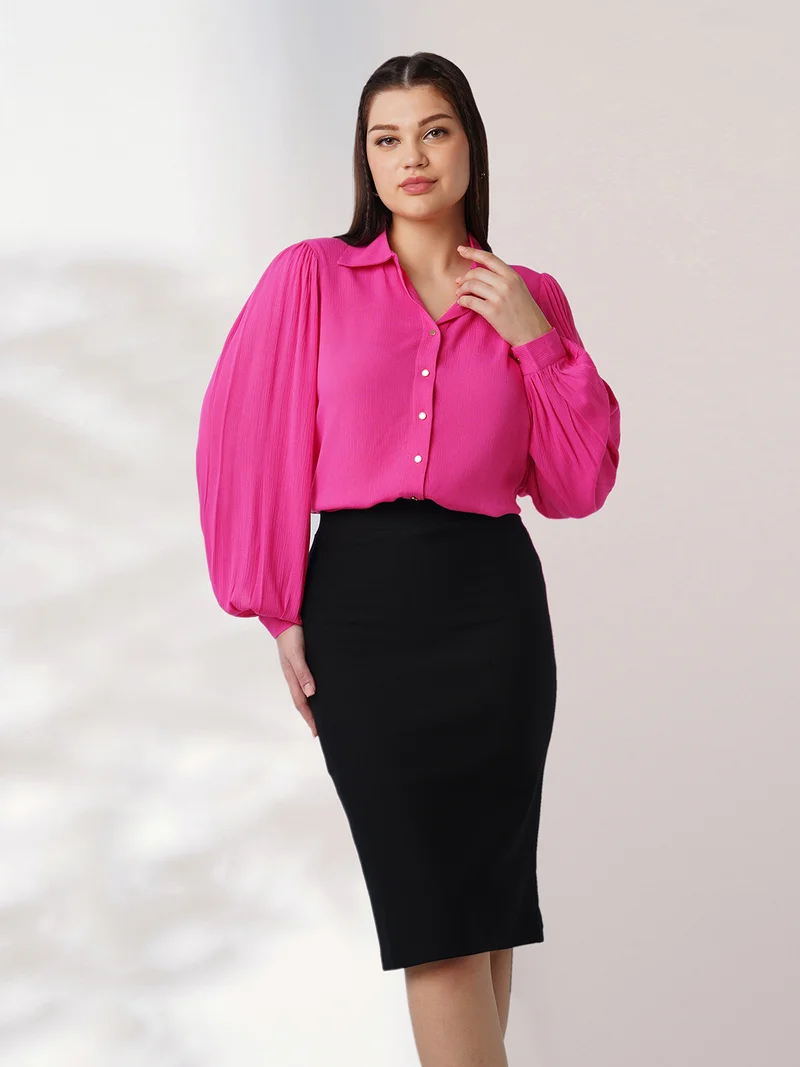 globus Women Pink Self Design Spread Collar Puff Sleeves Workwear Shirt