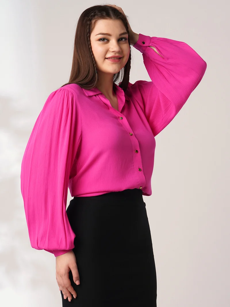 globus Women Pink Self Design Spread Collar Puff Sleeves Workwear Shirt