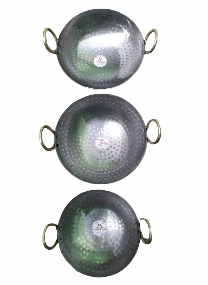 AS A S Heavy Base Iron MattharHammered Kadhai Kadai with Handle for Kitchen Deep Frying Kadai Combo 3 Piece 91114 inch  - Image 1