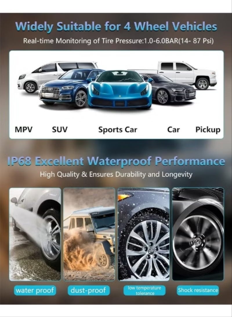 نظام مراقبة ضغط الإطارات TPMS (إصدار 2026 المُطوّر): جهاز مراقبة ضغط الإطارات يعمل بالطاقة الشمسية، قابل للتعديل والإزالة، مزود بـ 6 أوضاع إنذار وكشف تلقائي فوري، مناسب للسيارات بضغط يتراوح بين 22 و87 رطل لكل بوصة مربعة. - Image 4