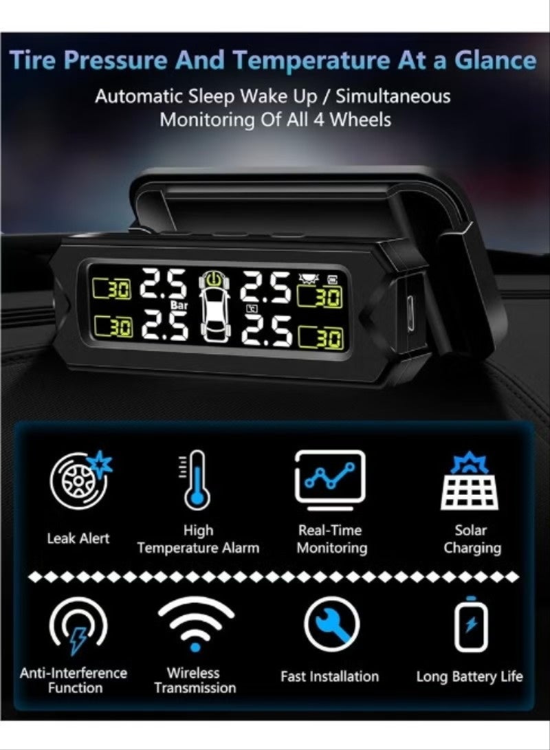 نظام مراقبة ضغط الإطارات TPMS (إصدار 2026 المُطوّر): جهاز مراقبة ضغط الإطارات يعمل بالطاقة الشمسية، قابل للتعديل والإزالة، مزود بـ 6 أوضاع إنذار وكشف تلقائي فوري، مناسب للسيارات بضغط يتراوح بين 22 و87 رطل لكل بوصة مربعة. - Image 2