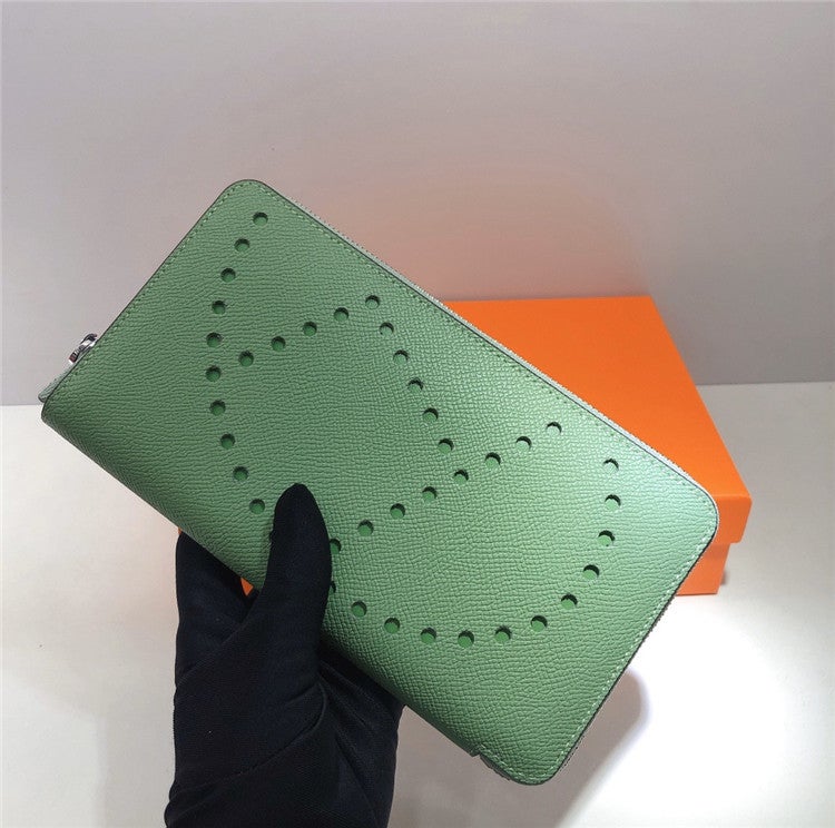 Mens and womens hand palm print simple zipper wallet multi-purpose clutch top layer cowhide multi-layer wallet New Avocado green
