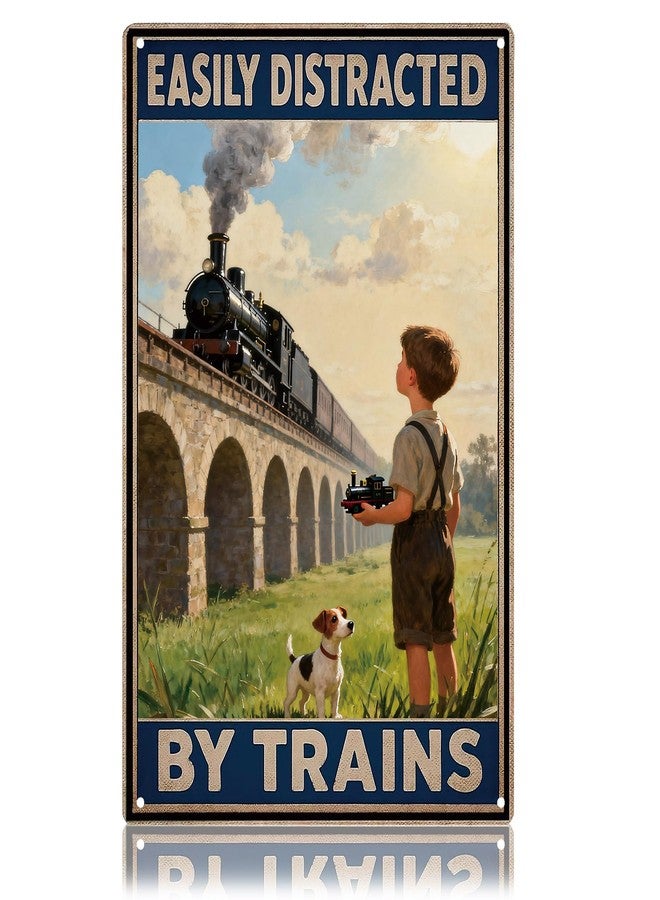 Bnesi Easily Distracted By Trains Vintage Train Decor Sign, Ideal Boys Room Decor & Man Cave Decor for Train Lovers, Perfect Train Gifts for Men & Decorations for Train Themes (Train) - Image 1