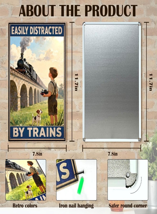 Bnesi Easily Distracted By Trains Vintage Train Decor Sign, Ideal Boys Room Decor & Man Cave Decor for Train Lovers, Perfect Train Gifts for Men & Decorations for Train Themes (Train) - Image 3