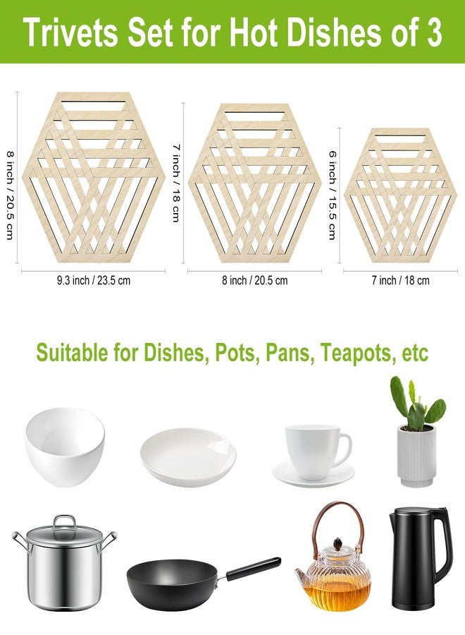 Renawe مجموعة من 3 قواعد خشبية للأواني الساخنة، إكسسوارات ديكور مطبخ خشبية، قواعد زخرفية للأواني الساخنة والمقالي، قواعد أكواب كبيرة لأسطح الكوارتز، حوامل أواني، ديكور طاولة طعام، مجموعة قواعد سداسية من الخيزران - Image 3