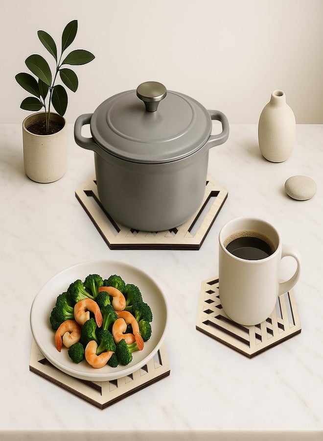 Renawe مجموعة من 3 قواعد خشبية للأواني الساخنة، إكسسوارات ديكور مطبخ خشبية، قواعد زخرفية للأواني الساخنة والمقالي، قواعد أكواب كبيرة لأسطح الكوارتز، حوامل أواني، ديكور طاولة طعام، مجموعة قواعد سداسية من الخيزران - Image 4