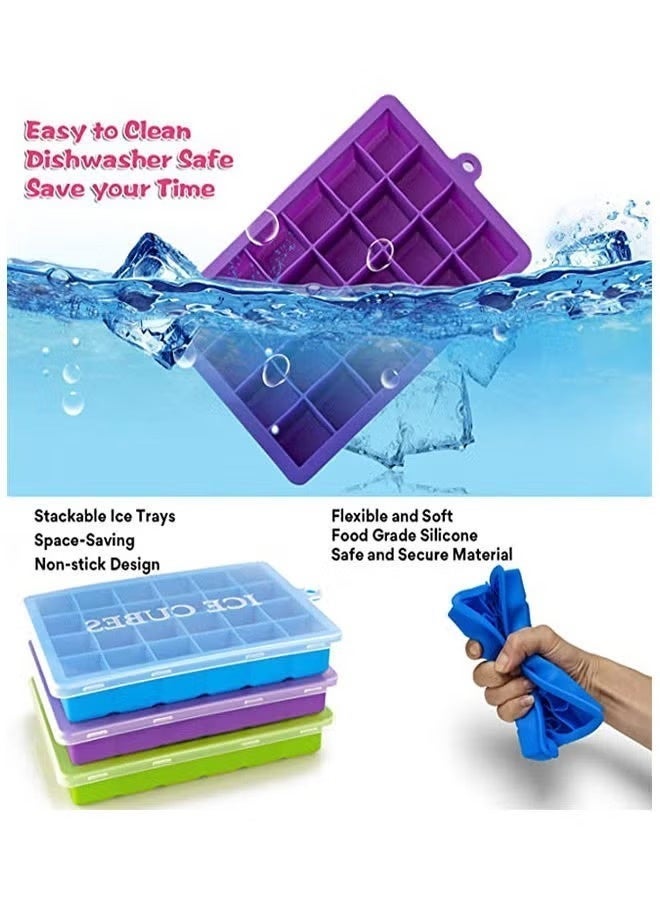 أطباق مكعبات الثلج السيليكونية، 24 طبقًا مربعًا لصنع مكعبات الثلج مع غطاء قابل للإزالة، مجموعة أشكال مكعبات الثلج (3 قطع)، أشكال سيليكون للثلج، جهاز صنع مكعبات الثلج، أطباق ثلج كبيرة لحاويات التجميد، مناسبة تمامًا للويسكي والكاكتيال والمشروبات، إفراج سهل وخالي من BPA، متعدد الألوان - Image 2