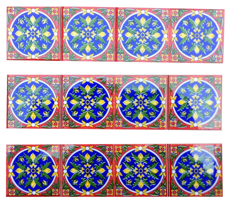 Shiv Kripa Blue Pottery Shiv Kripa Blue Pottery Home Decorative Ceramic Tile High Lighter TilesWall Kitchen Washroom Handmade Tiles 2 x 2 Inch Set of 12 Tiles Red Multi 