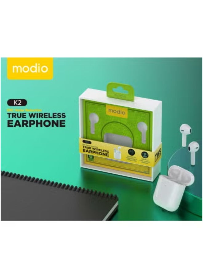 modio - K2 True Wireless Earphones with ENC Noise Reduction – High-Quality Stereo Sound & Crystal Clear Microphone – Touch Control Bluetooth Earbuds Compatible with iPhones, iPads & Android – White TWS Headphones with Charging Case - Image 1