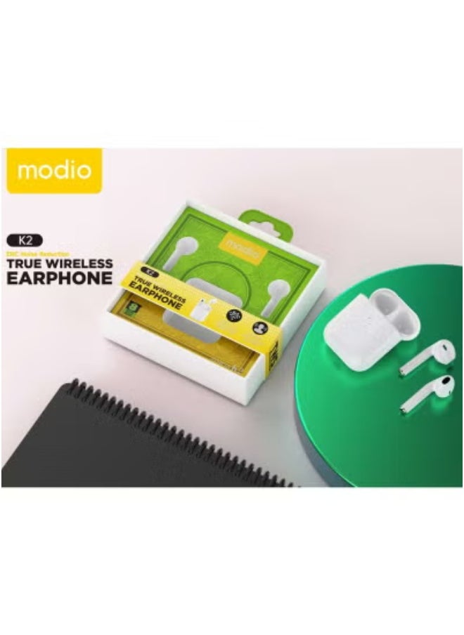 modio - K2 True Wireless Earphones with ENC Noise Reduction – High-Quality Stereo Sound & Crystal Clear Microphone – Touch Control Bluetooth Earbuds Compatible with iPhones, iPads & Android – White TWS Headphones with Charging Case - Image 1