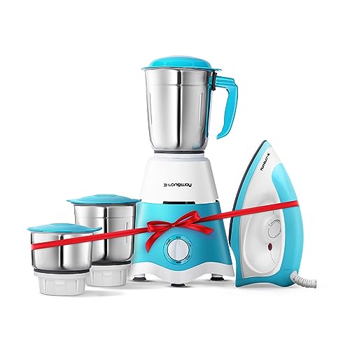 Longway Super Dlx Mixer Grinder with Kwid 1100W Dry Iron | Up to 700 Watt Powerful Motor | 3 Jars for Grinding, Mixing, Juicing | 2 Year Warranty (Blue & White, Combo Offer) - Image 1