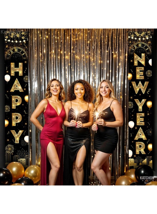 KATCHON بانر باب رأس السنة الجديدة كاتش أون إكسترا لارج - 72x12 بوصة | أسود وذهبي | مستلزمات حفلات ليلة رأس السنة 2025 - Image 4