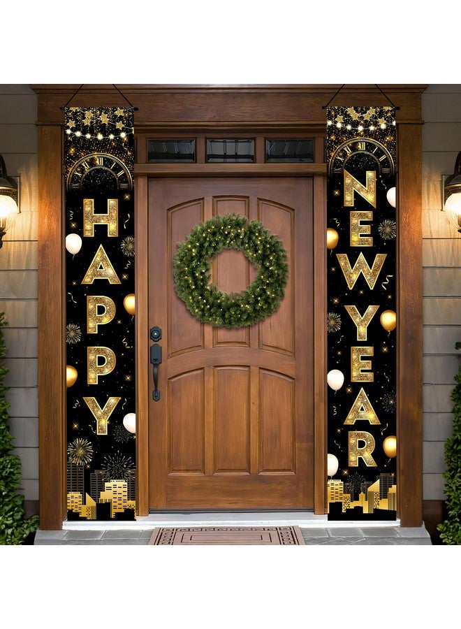KATCHON بانر باب رأس السنة الجديدة كاتش أون إكسترا لارج - 72x12 بوصة | أسود وذهبي | مستلزمات حفلات ليلة رأس السنة 2025 - Image 1