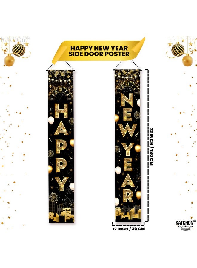 KATCHON بانر باب رأس السنة الجديدة كاتش أون إكسترا لارج - 72x12 بوصة | أسود وذهبي | مستلزمات حفلات ليلة رأس السنة 2025 - Image 2