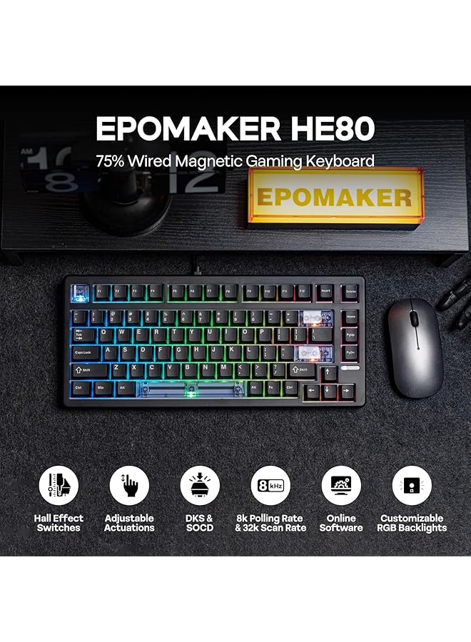 EPOMAKER He80 Hall Effect Gaming Keyboard 8K Polling & 32K Scan Creamy Gasket Dks Socd Hot Swappable Rgb Backlit Wired Gaming Keyboard For Pc & Mac (Black) - Image 2